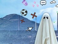 Eine Fotokollage zeigt einen Geist im Comic stil, verschiedene Emojis, Meer und Berge im Hintergrund