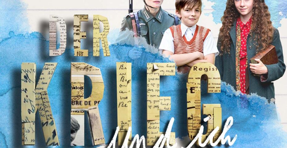 Foto zu "Der Krieg und ich". Rechts über dem Filmtitel ein Junge in Soldatenuniform, ein Junge mit Pullunder und weißem Hemd und ein Mädchen mit langen gelockten Haaren und einem Buch in der Hand.