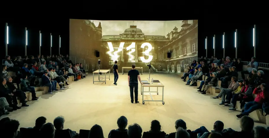 Auf einer Leinwand der Schriftzug V13 vor einem barocken Gebäude.