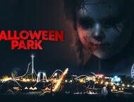 Über einem Vergnügungspark bei nacht ist das geisterhafte Gesicht eines Kindes und Der Schriftzug "Halloween Park" zu sehen